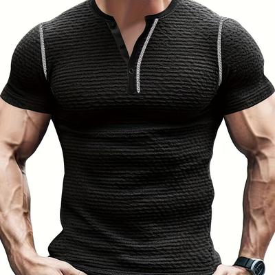 TEMU Men's Fashion Henley Shirt - Bamboo-inspired Python Pattern, Casual Short Sleeve With Ribbed Texture, Nylon/spandex , Round Neck With Button Detail, Ideal For Casual Attire Image