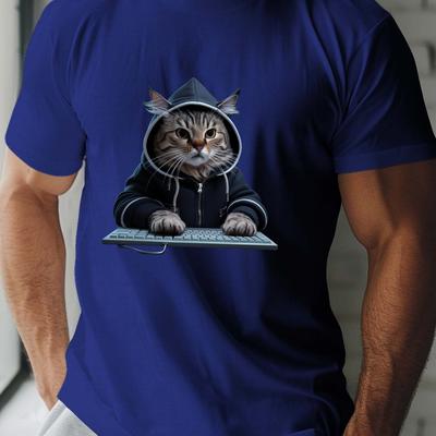 TEMU Men's Casual Short Sleeve T-shirt With Unique Cat In Hooded Jacket Print - Breathable Polyester, Machine Washable - Summer Image