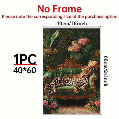 TEMU 1pc Elegant Leopard On Sofa Canvas Art Print, Waterproof Wall Decor For Living Room, Bedroom, Office - Jungle-themed Design With Floral Arrangements, Uv & Fade Resistant, Ideal Gift , Cat Decor Image