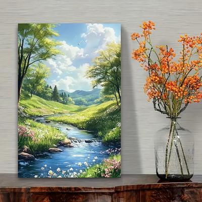 TEMU 1pc Frameless Canvas Art Print - Landscape With River, Trees & Flowers - Decor For Living Room, Bedroom, Office & Dining Room - Perfect Gift For Birthdays & Holidays, Canvas Wall Art Image