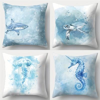TEMU 1pc/4pcs Ocean Theme Pattern Single Side Decor Sofa Pillow Cover Square Polyester Pillow Cover Modern Sofa Decor Cushion Cover Image
