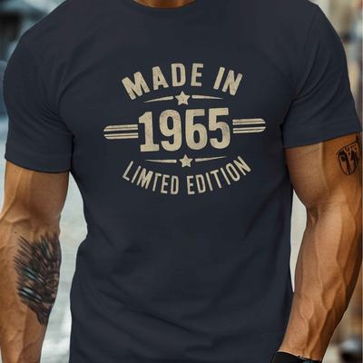 TEMU Made In 1965 Men's Crew Neck T-shirt – Casual Lightweight Summer Tee, Black With , Polyester , For Casual Attire Image