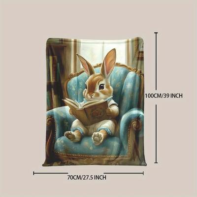 TEMU 1pc Easter Bunny Reading Book Flannel Blanket – Soft, Warm, And Cozy With Whimsical Rabbit Design – Home, Travel, Office Decor, Or Holiday Gifts For , Rabbit Decor Image