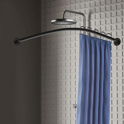 TEMU Stainless Steel L-shaped Shower Curtain Rail - No-drill Tension Rod With 12 Hooks For Bathroom, Changing Room & Corner Showers - Rust-proof, & - To 44 Lbs - Black Finish, Shower Curtain Hooks Image