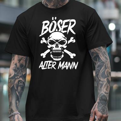 TEMU Men's Alter Mann Graphic T-shirt - Black Short-sleeve Crewneck With Skull & Letter Print, Casual Summer Top, Polyester Blend, Lightweight & Breathable For Casual Attire Image