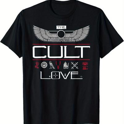 TEMU Men's T-shirt - Black Cotton Casual Crew Neck Tee With Wing & Symbol Design, Short Sleeve, Wear Image