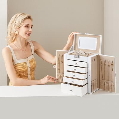 TEMU Jewelry Box, Large Jewelry Casket With 6 Compartments, Jewelry Box With Side Hinged Doors, Drawers, Mirror And Closure, For Rings, Earrings, Watches, Christmas Image
