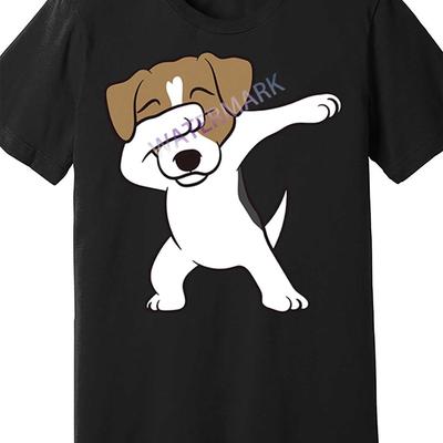 TEMU Men' Cotton T-shirt With Funny Dabbing Jack Terrier - Casual Short Sleeve, Round Neck, Lightweight & Breathable For All , Everyday Tshirt | Humorous Clothing | Glossy Finish Image