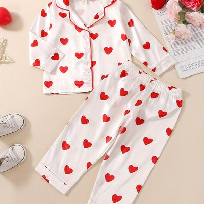 TEMU Kids Toddler Baby Girl Valentine's Day Pajamas Set, Heart Print Lapel Button Pajamas 2pcs Pjs Sleepwear Outfit Image