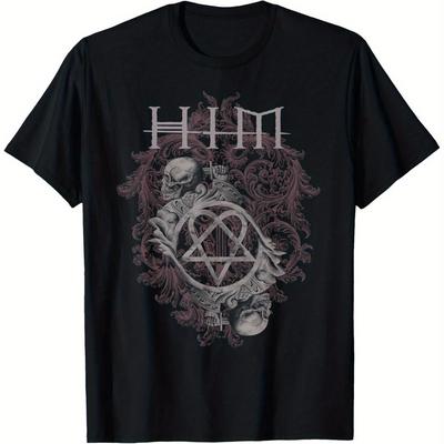 TEMU Ville Him Dual Skull Graphic T-shirt, 100% Cotton Crew Neck Tee For , Black With Intricate Floral & , Sizes S-xxxl, Casual Band Shirt For All , Cute T Shirts Image