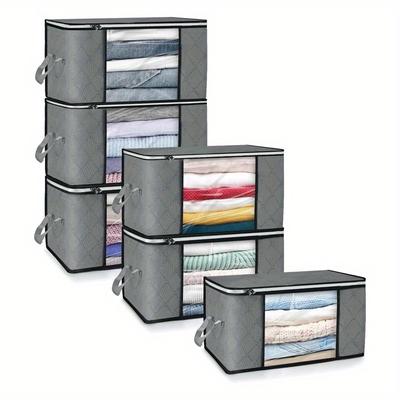 TEMU 6pcs Clothes Storage Bag Foldable Storage Boxes With Lids, Underbed Wardrobe Storage Organiser With Sturdy Fabric Clear Window, Grey, Mounted Closet Systems Image