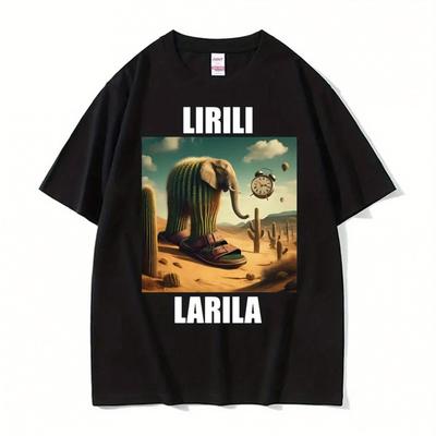 TEMU Lirili Larila Funny Cactus & Elephant With Sandals Graphic T-shirt - Black Harajuku Humor Oversized Short Sleeve Tee For , Casual Fit, Machine Washable Image