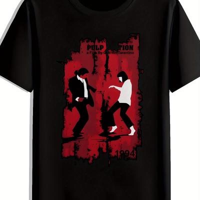 TEMU Men's Movie Graphic T-shirt - 100% Cotton Black Short Sleeve Tee With Iconic Dance Scene Print, Streetwear Casual Round Neck Top For Casual Attire Image