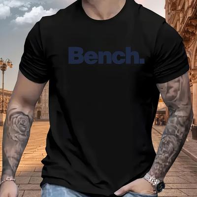 "TEMU Men's Summer Casual T-shirt - Comfortable & Stretchy, Vibrant "bench" Print, Crew Neck, Short Sleeve, Ideal For Outdoor Activities, Summer Tshirt|vibrant Print Tshirt|glossy Fabric" Image