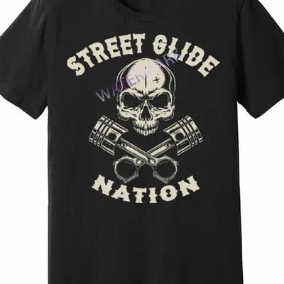 TEMU 1pc Men' Glide Motorcycle T-shirt- Black Skull And Wrench Pattern With Street Glide Print, 100% Cotton , Machine Washable, Glossy Design For Motorcycle Enthusiasts, Motorcycle Accessories Image