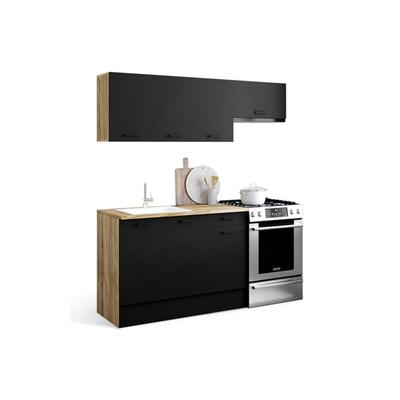 Komplettküche 180 cm subtil mit Arbeitsplatte aus 5 Elementen in Holz und Schwarz Image