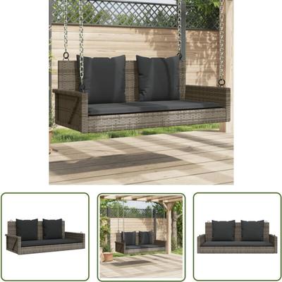 The Living Store - Hängebank mit Kissen Grau 119x56x48 cm Poly Rattan - Gartenschaukel Image