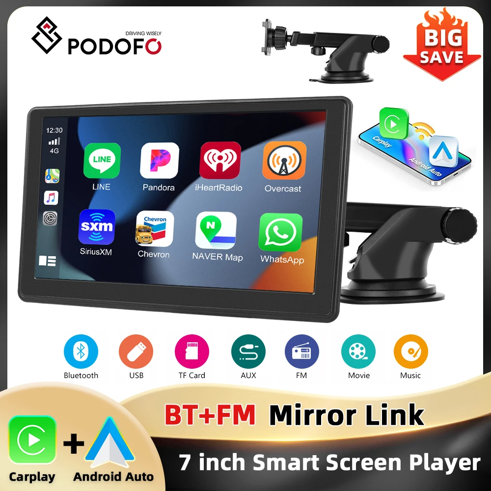 Podofo 7'' Smart Screen Player Dashboard Carplay Android Auto Bluetooth EQ Car DVR Mirror Link FM Transmission GPS Navigation Image