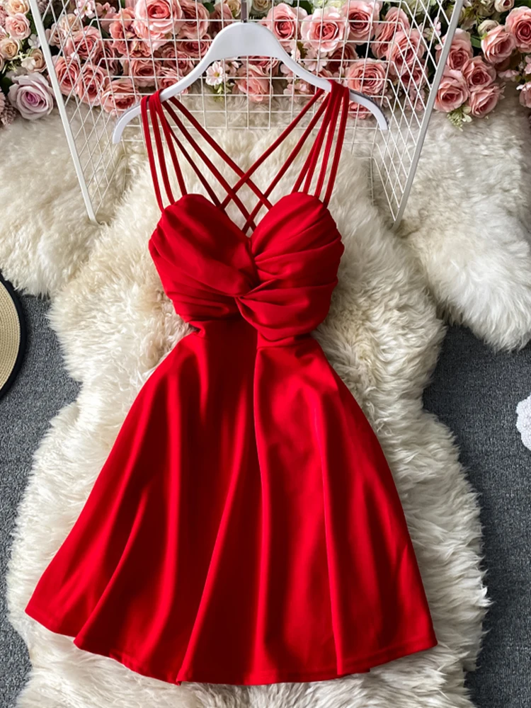 Damen Rotes A-Linien-Kleid Vintage Schulterfrei Ärmellos Mini Luxuskleider Y2k Party Club Einteiler Kleider 2000er Jahre Kleidung Sommer