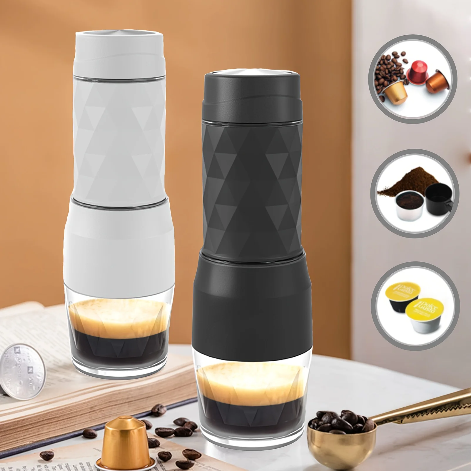 3-in-1 tragbare Kaffeemaschine mit heißem/kaltem Wasser, manuelle Espressomaschine für Kapsel und gemahlenen Handpresse, Brewer, Wandern, Reisen