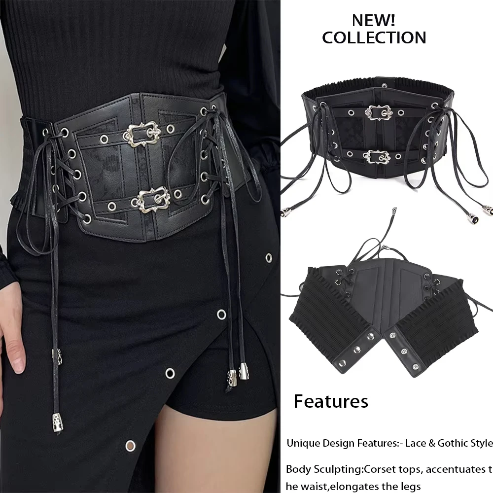 Retro-Korsettgürtel für Damen, Dornschließe, elastische Spitze und Gothic-Stil, Kummerbunds, Krawattenseil, Gothic-Punk, für Frauen am Hemd, Kleidergürtel Image