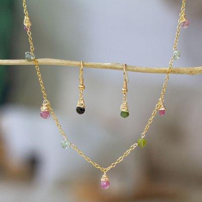'Gold-Plated Jewelry Set with Colorful Tourmaline Droplets'