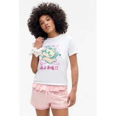 UO Anime Kitten Relaxed T-Shirt - White XS/S at Urban Outfitters