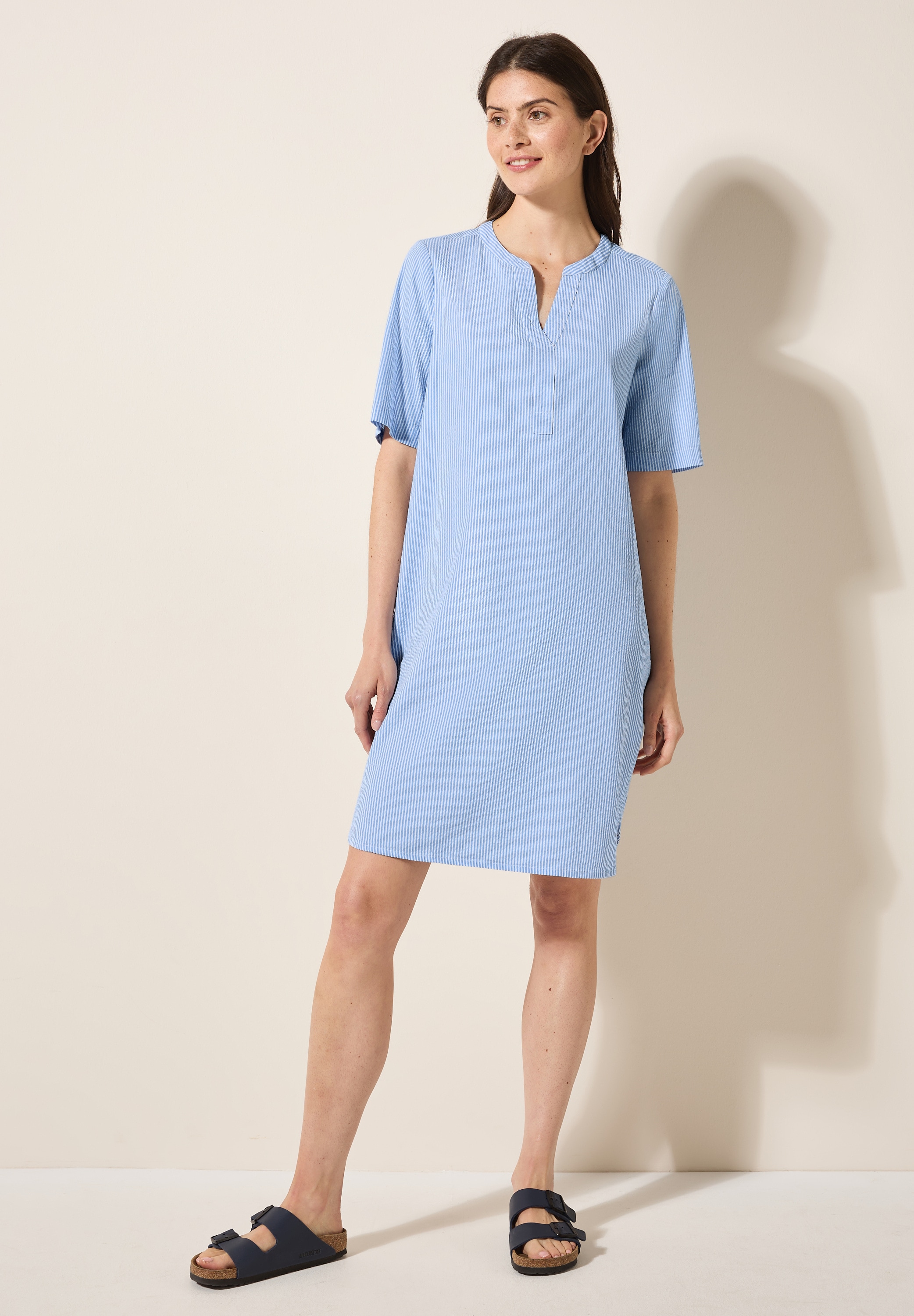 Sommerkleid CECIL, Damen, Gr. M40, US-Größen, blau (aster blau), Web, 65% Baumwolle, 35% Modal, gestreift, comfort fit kniefrei, Rundhals, Bündchen, Kleider Sommerkleid, knielang