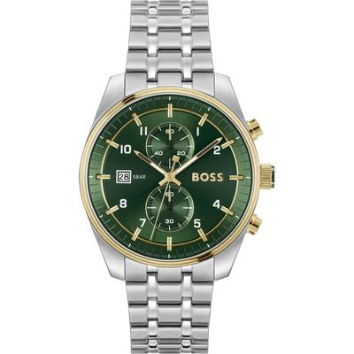 Chronograph BOSS "SKYTRAVELLER", silber (silberfarben, dunkelgrün), Armbanduhren, Herren, Quarzuhr, Armbanduhr, Herrenuhr, Edelstahlarmband, analog, Tag Image