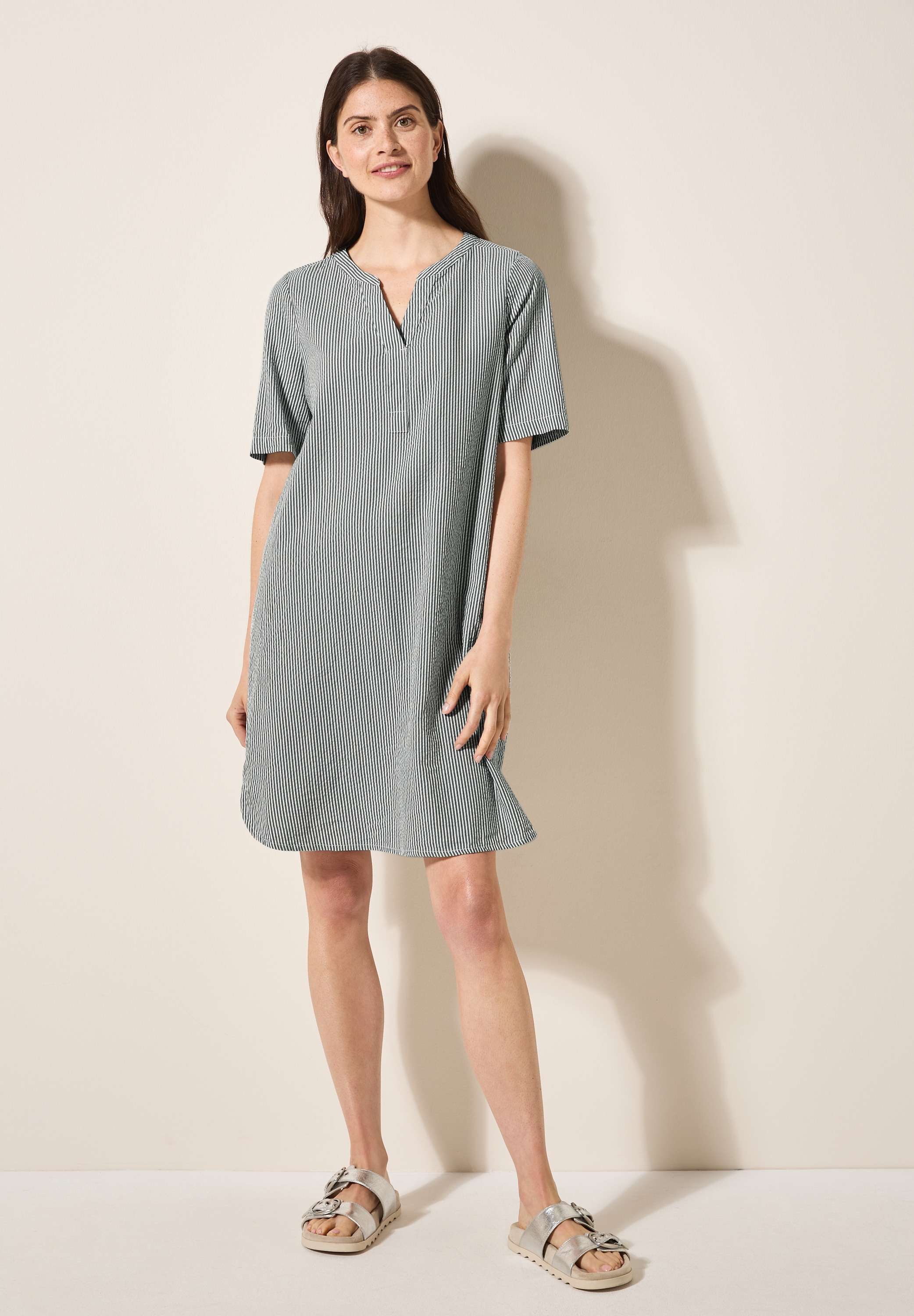 Sommerkleid CECIL, Damen, Gr. XXL46, US-Größen, grün (balmy khaki), Web, 65% Baumwolle, 35% Modal, gestreift, comfort fit kniefrei, Rundhals, Bündchen, Kleider Sommerkleid, knielang