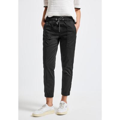 Stoffhose STREET ONE, Damen, Gr. 42, Länge 28, schwarz, Web, 97% Baumwolle, 3% Elasthan, unifarben, casual, loose fit normal, Hosen, Elastikbund mit Tunnelzug Image