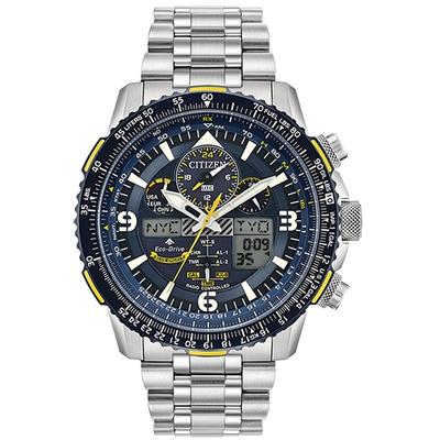 Funkchronograph CITIZEN "Promaster Skyhawk "Blue Angels", silber (silberfarben), Armbanduhren, Herren, Armbanduhr, Herrenuhr, Solar, Stoppfunktion, Lederarmband Image