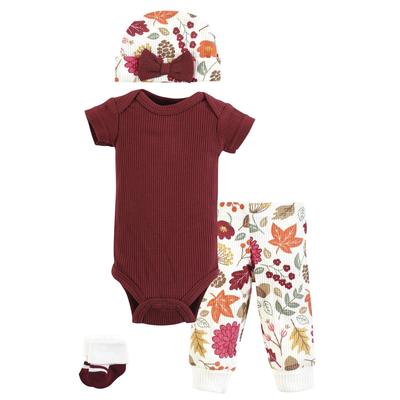 Hudson Baby Girls Thermal Preemie Layette Set 4pc Short Sleeve Outfit, Acorn Botanical, Preemie - Acorn Botanical Short Sleeve