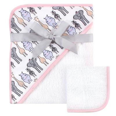 Hudson Baby Infant Girl Cotton Hooded Towel and Washcloth 2pc Set, Pink Safari, One Size - Pink Safari - One Size