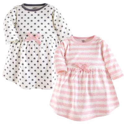 Touched by Nature Baby and Toddler Girl Organic Cotton Long-Sleeve Dresses 2pk, Pink Gray Scribble