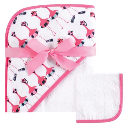 Hudson Baby Infant Girls Cotton Hooded Towel and Washcloth 2pc Set, Fancy Flamingo - Fancy Flamingo - One Size