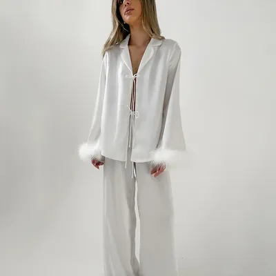 HiLoc Elegant Satin White Pants Sets Pajamas With Feather Cuffs Blouses Wide Legs Pants Sleepwear Female 2025 Spring Autumn Suit