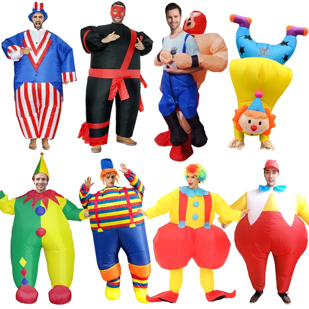 Neues aufblasbares Clown-Kostüm, lustiger Anzug, Maskottchen Purim, Halloween- und Weihnachtsfeier-Cosplay-Kostüm für Erwachsene, mit mehreren Image