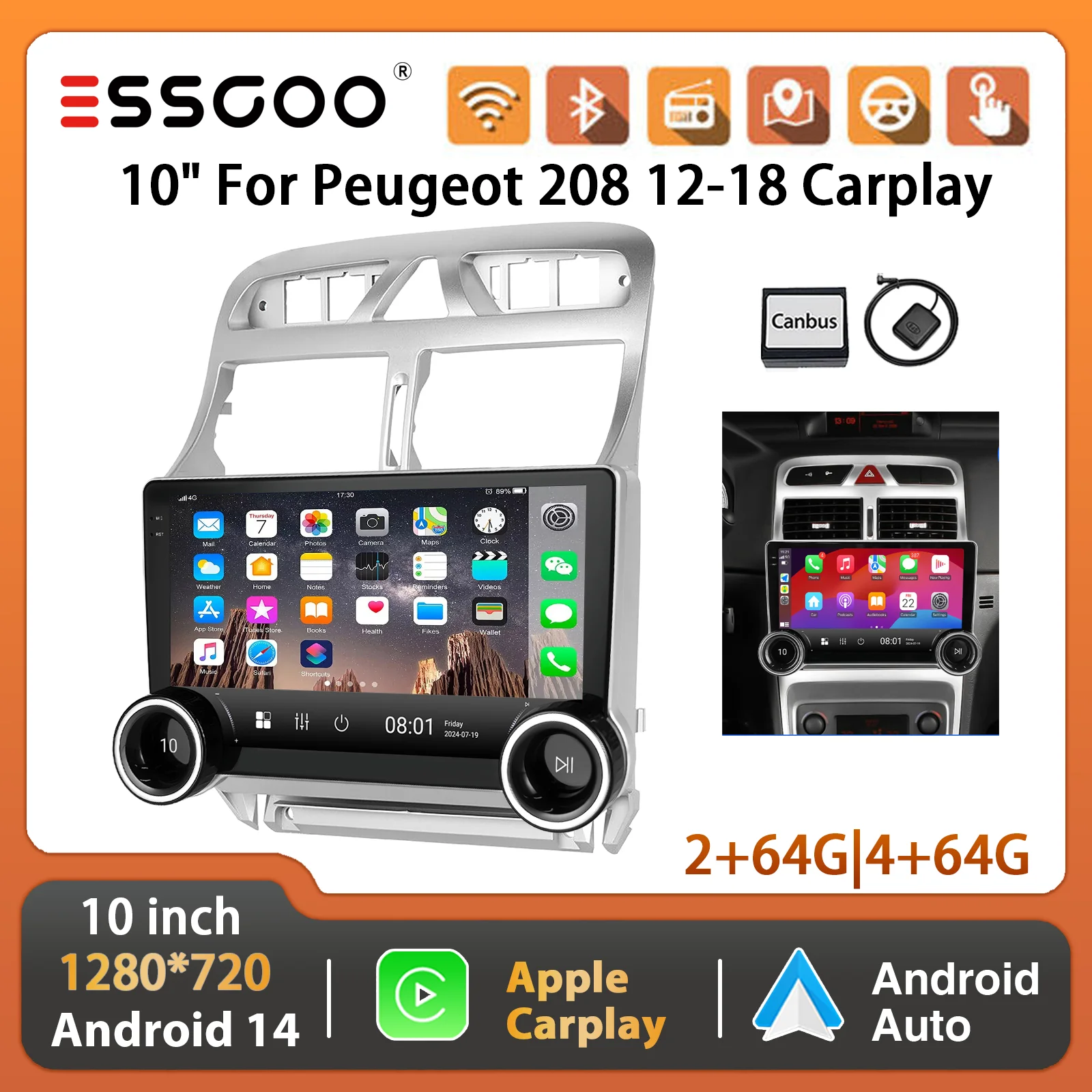 ESSGOO 9" Android 14 2DIN Autoradio met HD Touchscreen voor Peugeot 307 2002–2013 – GPS Navigatie WiFi Bluetooth FM RDS Mirror Link SWC Multimedia Videospeler Image