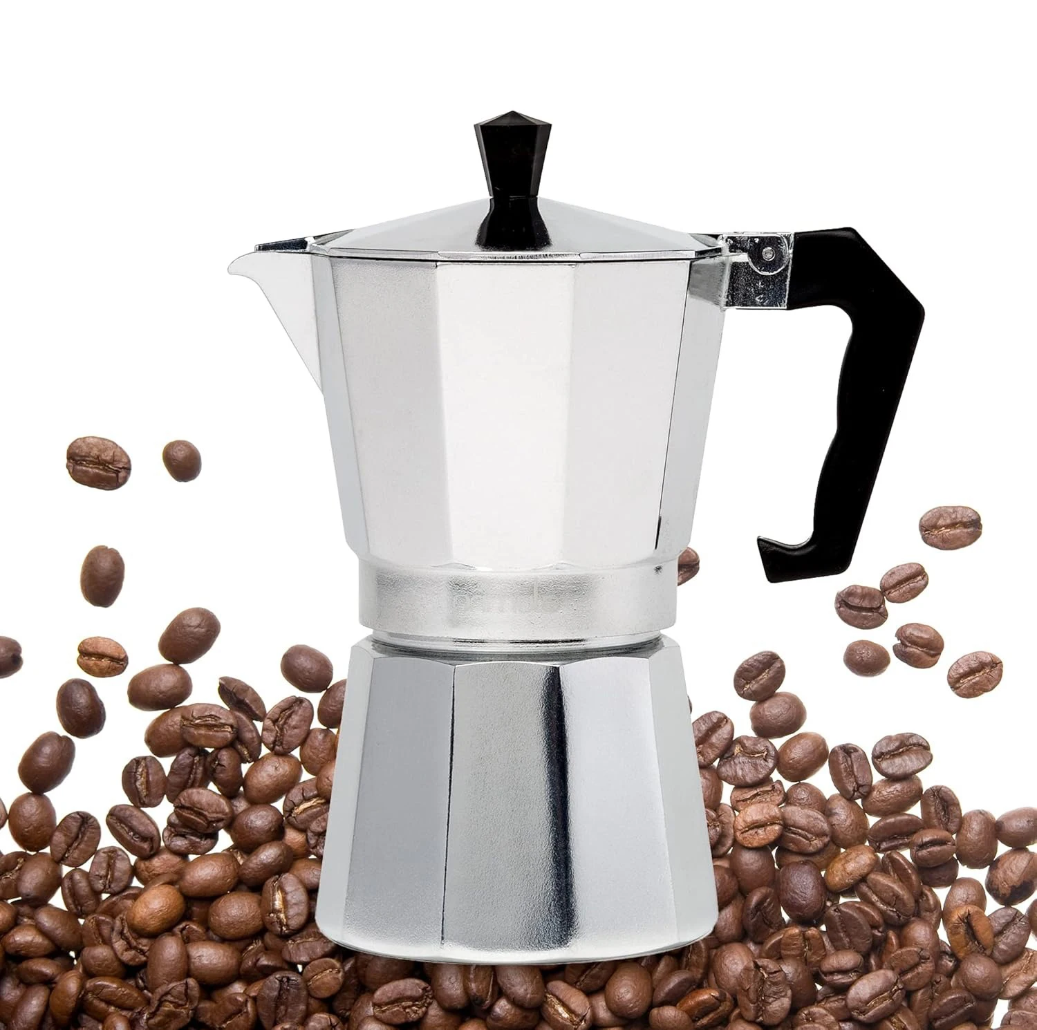 Klassische Espresso- und Kaffeemaschine für den Herd, Moka-Kanne zum italienischen und kubanischen Café-Brühen, Cafeteras, 1/2/3/6 Espressotassen, Silber