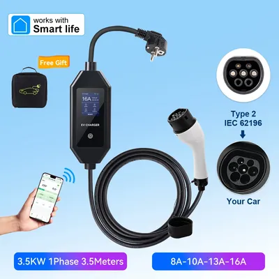 ADPOW Tragbare Typ2 EV-Ladegeräte 16 A 3,5 kW 3,5 m Kabel Wallbox Strom einstellbar WIFI Image