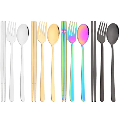 12pcs Gold Mirror Stainless Steel Cutlery Set Western Flatware Set Fork Spoon Chopsticks Dinnerware Set Party Kitchen Silverware
