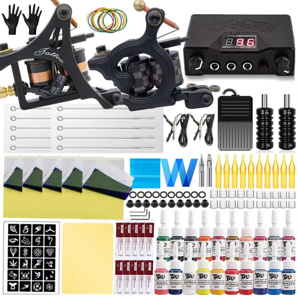 Komplette Spulen Tattoo Machine Kit 10 Spulen Tattoo Maschine mit Netzteil Nadeln Tinte Zubehör Set für Tattoo Anfänger Kit Image