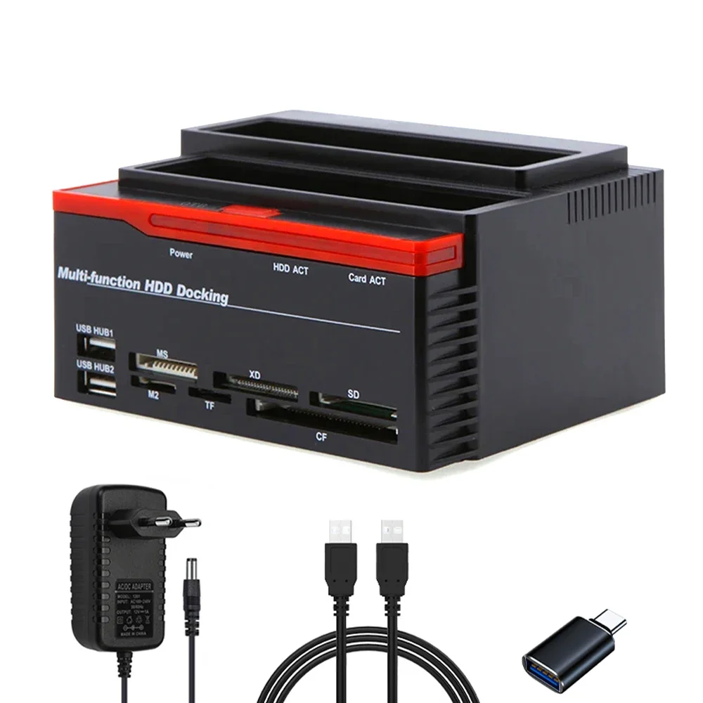 Festplatten-Dockingstation für 2,5 3,5 Zoll SATA IDE HDD SSD-Lesegerät Dual Slots Externes Festplattenbox-Gehäuse Sata-zu-USB-Adapter Image