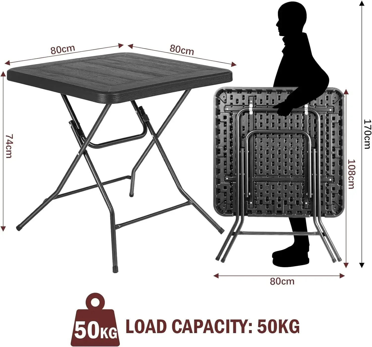 Wasserdichter Gartentisch, Klapptisch 80 x 80 x 74 cm, Balkontisch mit Stahlrahmen, verdicktes HDPE, für Party-Küche, Wohnzimmer Image