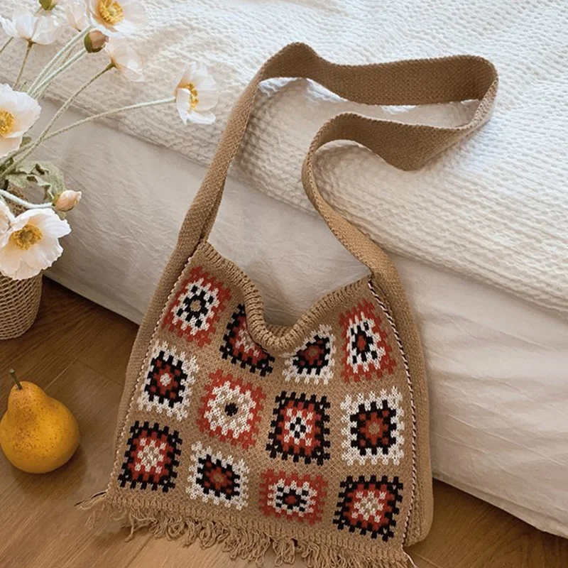 Bunte Boho Chic Oma Quadrat häkeln gewebte Handtaschen für Frauen Beige Blau Markttasche Vintage Stil Hippie Sommer Strand Geldbörse