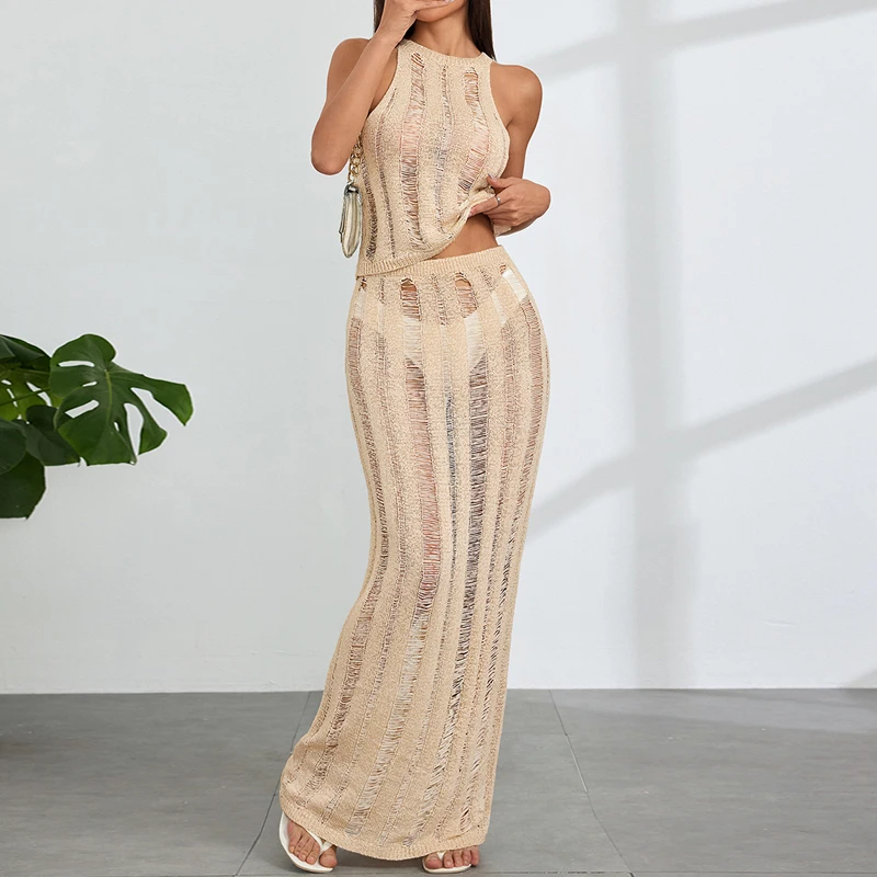 Neue Stil Ärmelloses Top Langen Rock Anzug Mode Gestrickte Textur Bikini Cover Up frauen Strand Urlaub Sonnenbaden Cover-Up Image