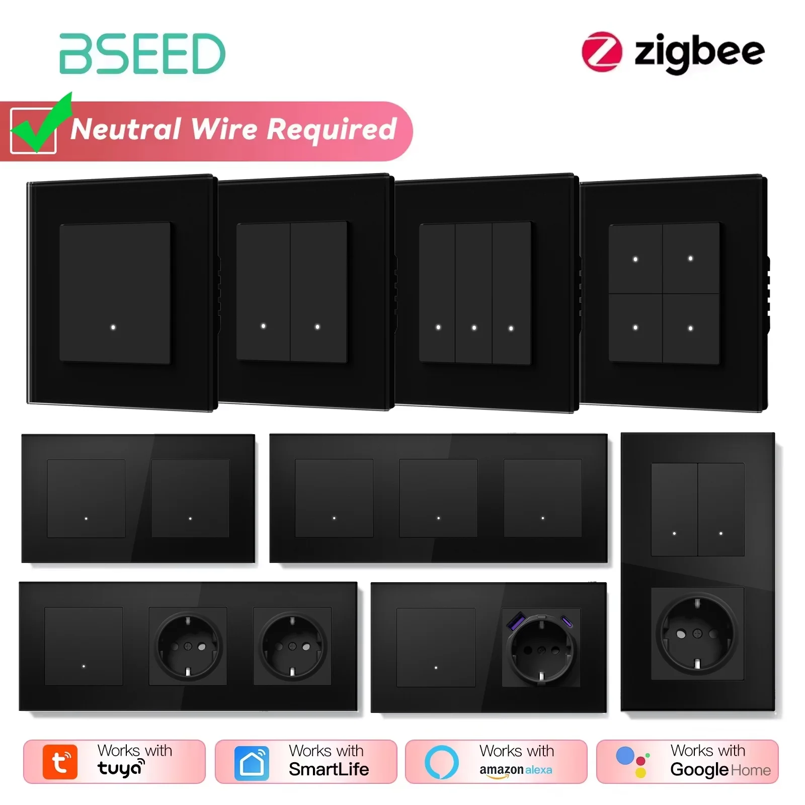 BSEED Zigbee 1/2/3Gang Smart Click Lichtschalter 1/2/3Way Tuya Smart Life Alexa kompatibel plus EU-Steckdosen Glasplatten Image