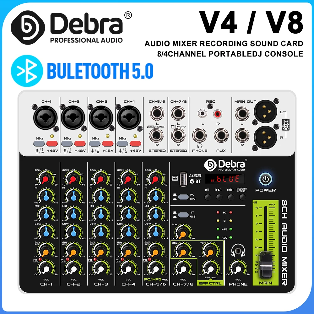 V8 Audio-Interface-Mixer mit Bluetooth 5.0 Phantomspeisung für Computeraufnahmen, Bühne, Band verzögerte Replay-Effekte DJ-Mixer Image