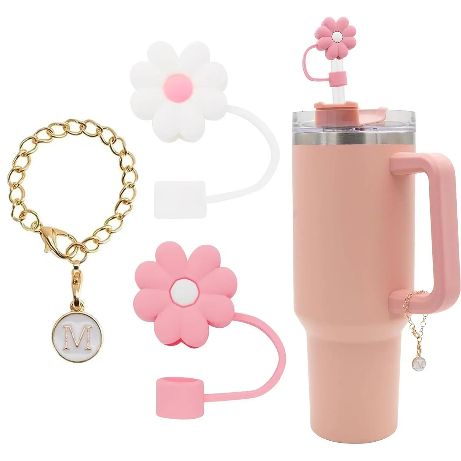 3 Stück Strohhalm-Abdeckung für Stanley Cup 30, 40 Oz Becher, Zubehör, 10 mm Blumen-Silikon-Strohhalm-Topper-Deckel mit Anfangsbuchstaben-Charm Image